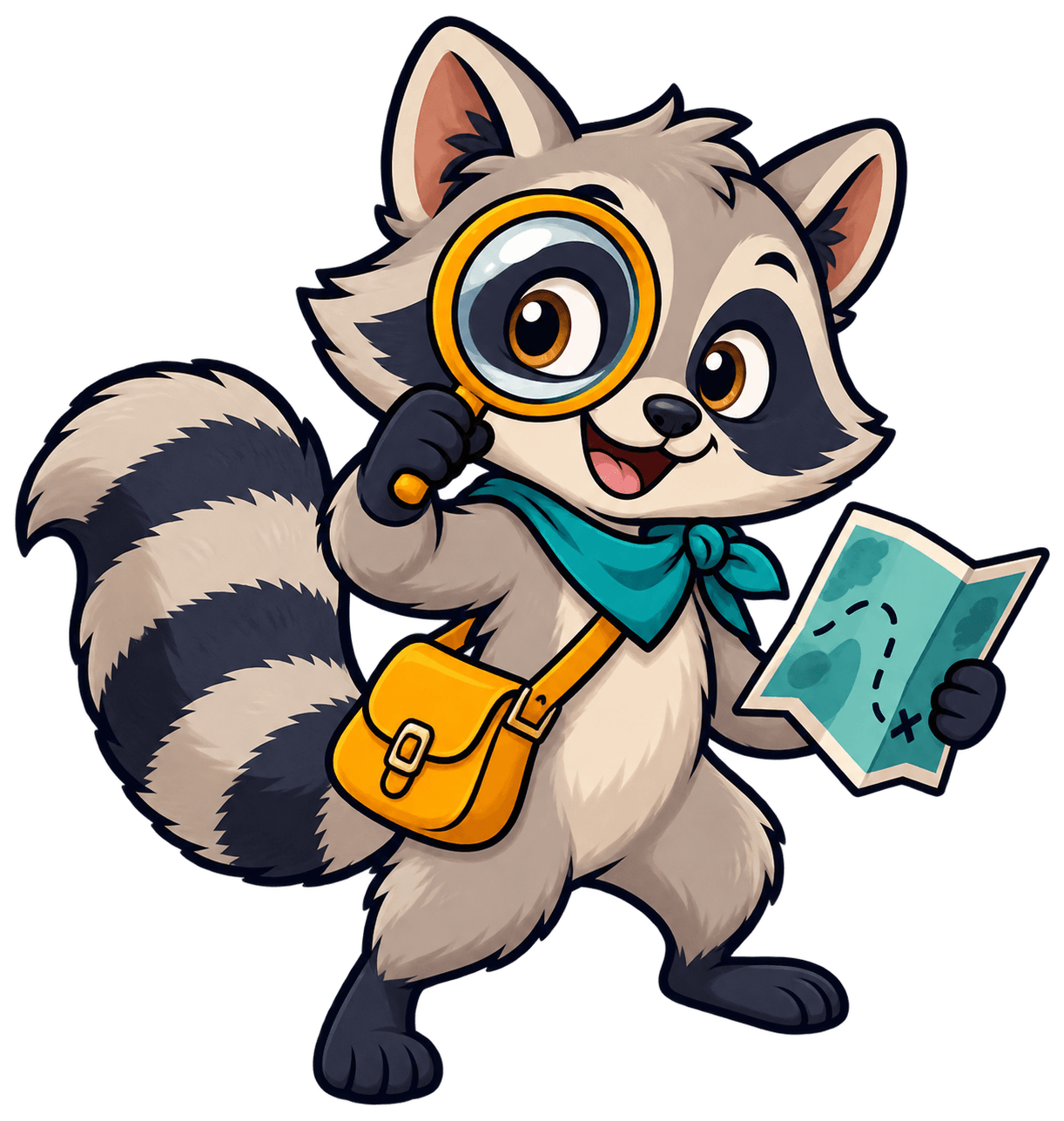 Shenanigans the raccoon holding a magnifying glass and clue map